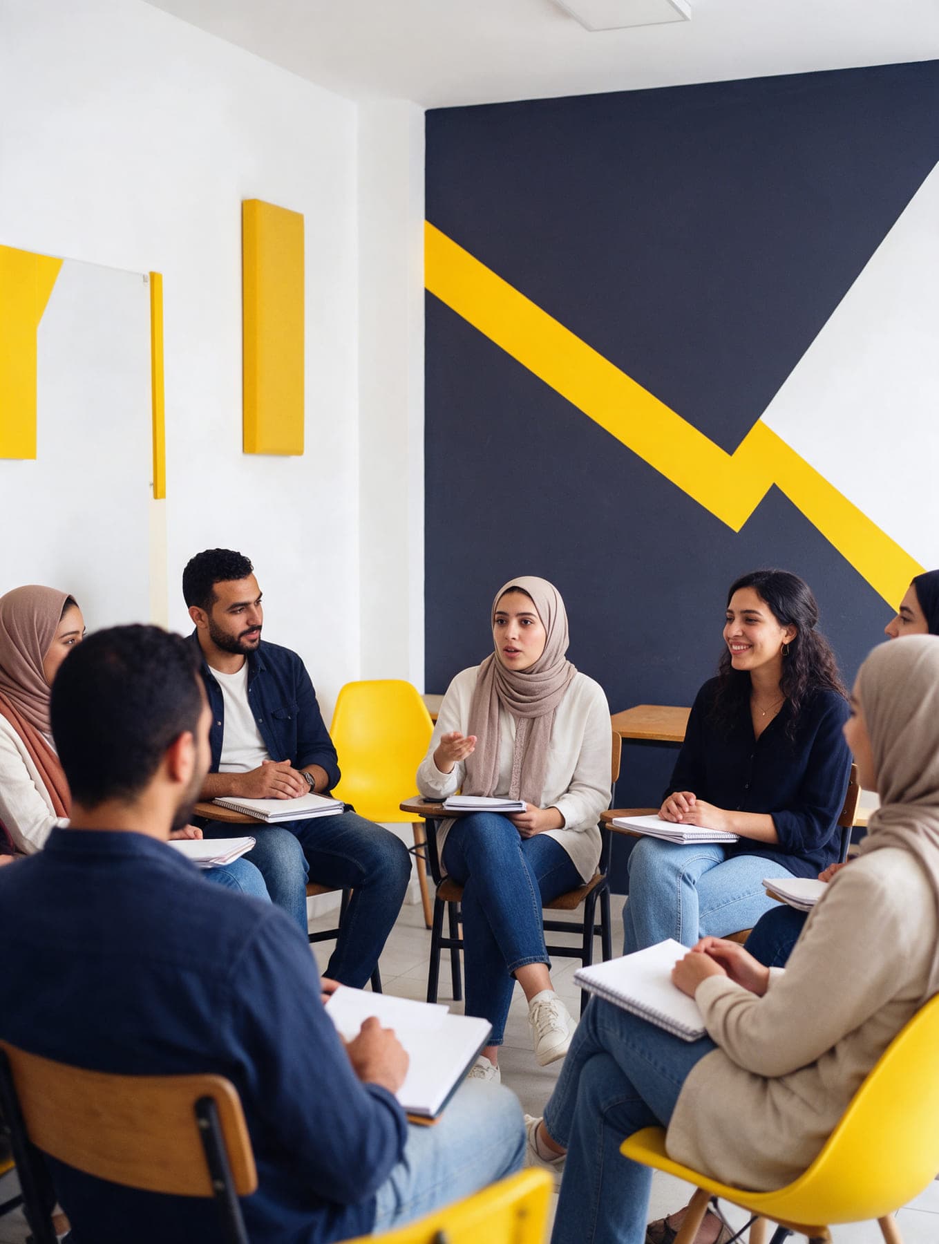 Sept élèves adultes en cours de langue, assis en demi-cercle ; l'une d'elles prend la parole